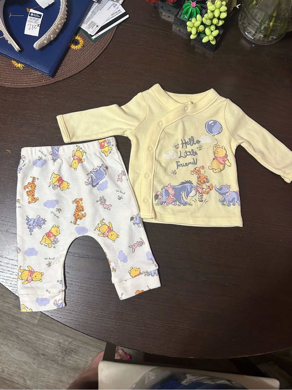 Disney Yellow Winnie the Pooh Newborn Wrap Top & Printed Pants